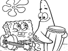 a black and white drawing of spongebob and patrick from spongebob squarepants playing a guitar .