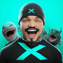 a man wearing a beanie with the letter x on it is surrounded by monsters