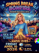 a poster for spring break bonfire featuring female artist angel eyes