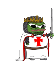 a cartoon of a frog dressed as a crusader holding a sword and wearing a crown .