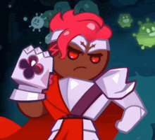a cartoon character with red hair is wearing a white glove with a clover on it