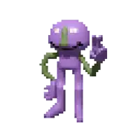 a pixel art of a purple monster with a green face and arms .