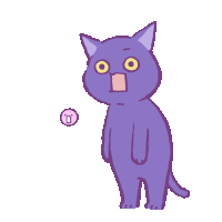 a purple cat with a surprised look on its face stands next to a pink circle with the letter o on it