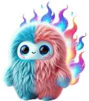 a blue and pink stuffed animal with a flame behind it