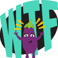 a cartoon illustration of a purple eggplant with the word wtf in the background