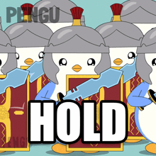 a cartoon of penguins holding swords with the word hold in the corner