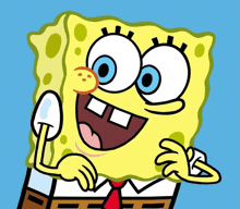 a cartoon drawing of spongebob wearing a red tie and a white shirt