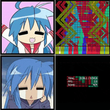 a picture of a girl with blue hair is next to a screen that says time fps score and n/a