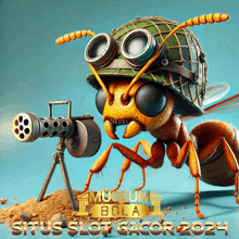 an ant wearing a helmet and goggles is holding a gun on a poster that says museum bola