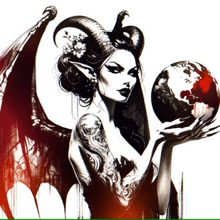 a woman with horns and wings is holding a globe in her hand