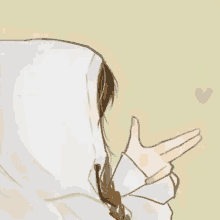 a drawing of a girl in a white hoodie making a peace sign with her hands .