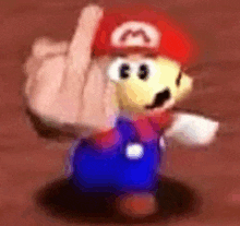 a close up of a mario giving the middle finger .