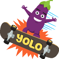 a cartoon illustration of an eggplant riding a skateboard with the word yolo on it