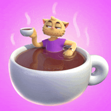 a cartoon cat is sitting in a cup of hot coffee