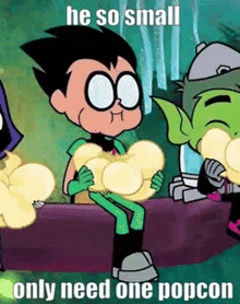 robin from teen titans go is sitting on a bench holding a popcorn