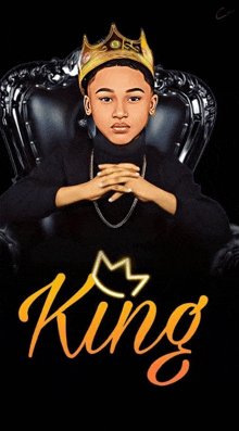 a young boy is sitting in a chair with a crown on his head and the word king on the bottom