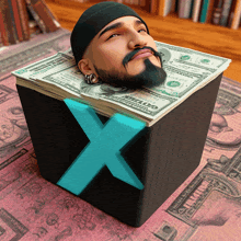 a man with a beard rests his head on a stack of money