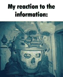 a skull wearing a helmet with the words my reaction to the information