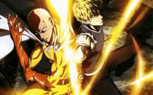 two anime characters , one punch man and genos , are fighting with swords .