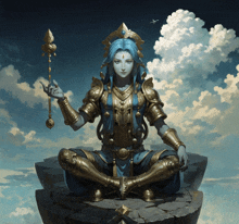 a statue of a woman with blue hair and gold armor is sitting on a rock