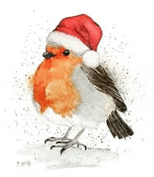 a robin wearing a santa hat is in a painting .