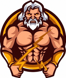 a muscular man with a beard is holding a lightning bolt .