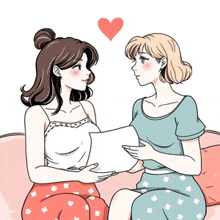 two women are sitting on a couch looking at each other with a heart above them