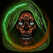 a drawing of a skull with a green hood and glowing eyes