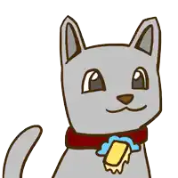 a drawing of a cat wearing a red collar and a yellow tag