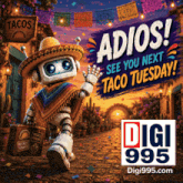a robot wearing a sombrero and a poncho says adios