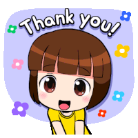 a thank you sticker with a girl and flowers