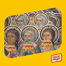 a painting of a group of saints eating sandwiches with oscar mayer in the corner