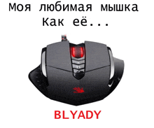 a black computer mouse with a red button and the word blyady on the bottom