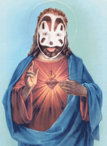 a painting of jesus wearing a mask with a heart in the background