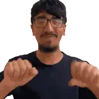 a man with glasses and a beard is making a thumbs down gesture