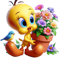 a cartoon character named tweety is holding a potted plant with flowers