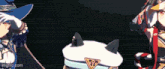 a couple of anime characters are standing next to each other and one of them is wearing a hat with cat ears .