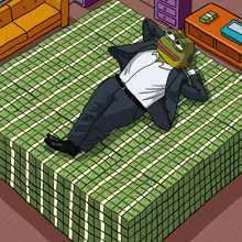 a cartoon of a man in a suit laying on a bed covered in money