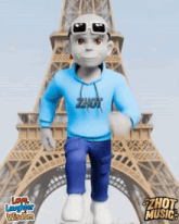 a cartoon character in front of the eiffel tower is wearing a zhot hoodie