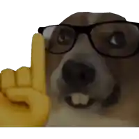 a dog wearing glasses and a yellow hand is pointing upwards