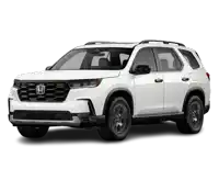 a white honda suv with a black grille and black rims