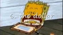 a cartoon of spongebob squarepants holding a suitcase with a dollar bill in his mouth .