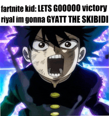 a picture of a boy with his mouth open and the words fartnite kid lets gooooo victory rival im gonna gyatt the skibido