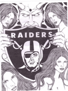 a black and white drawing of a man holding a raiders logo surrounded by women