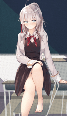 a girl with white hair and blue eyes is sitting on a bench with her legs crossed