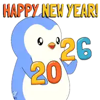 a happy new year greeting card with a penguin