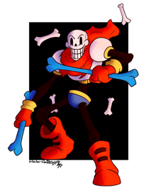 a drawing of papyrus from undertale holding two bones in his hands