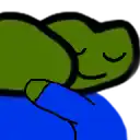 a cartoon of a green frog sleeping on a blue shirt .