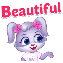 a cartoon bunny with hearts around her and the words beautiful behind her