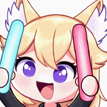 a cartoon drawing of a girl with a fox ear holding a blue and pink light stick